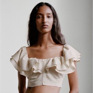 Zara Women Linen Blend Beige Cropped Ruffle Cottagecore Boho Peasant‎ Top Size S